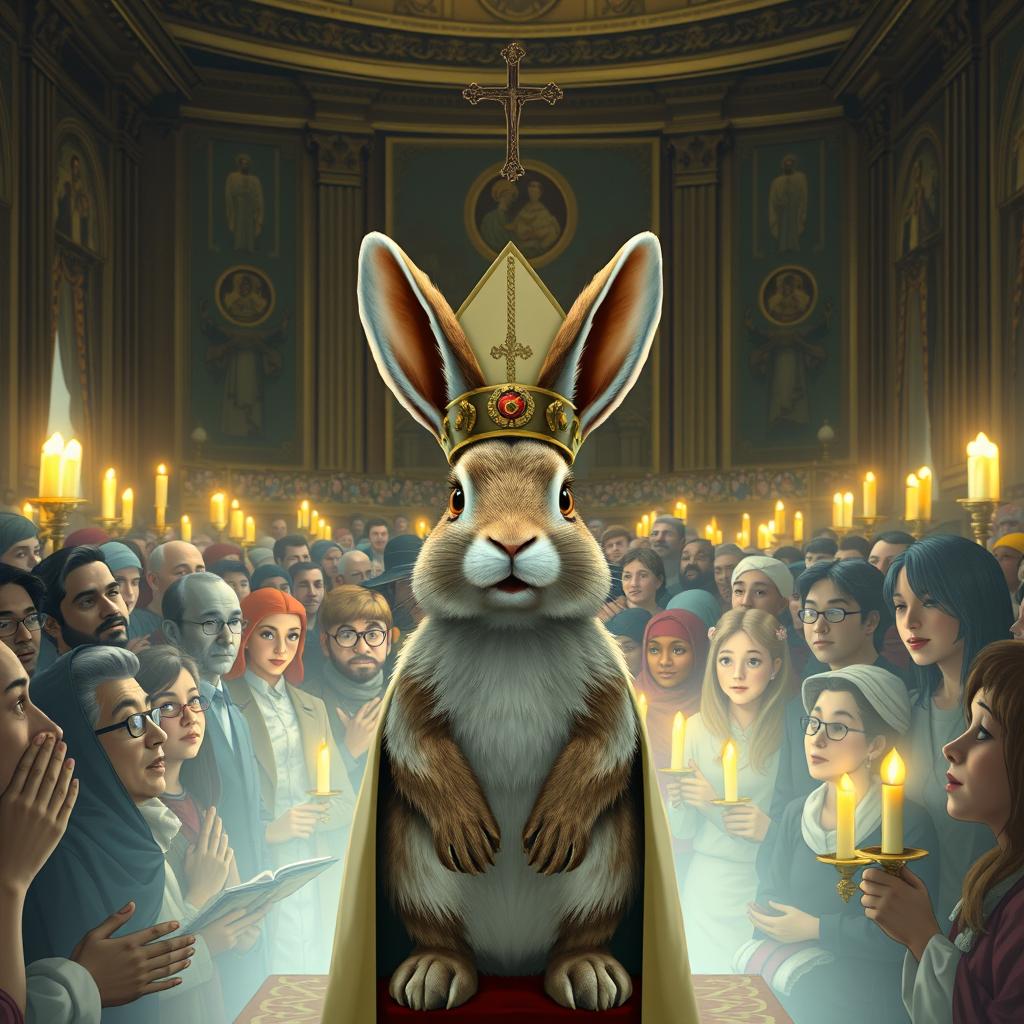 A whimsical scene depicting 1,000 people gathered in prayer, showing a diverse crowd of individuals from various cultures and backgrounds, all focusing intently on a large, normal-sized bunny wearing a traditional mitre