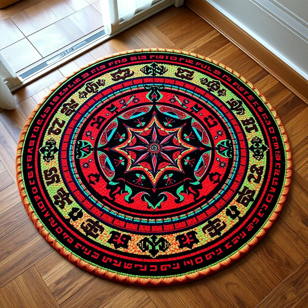 A round pixel art rug featuring intricate rune designs, with a vibrant color palette that includes bright reds, blues, and greens