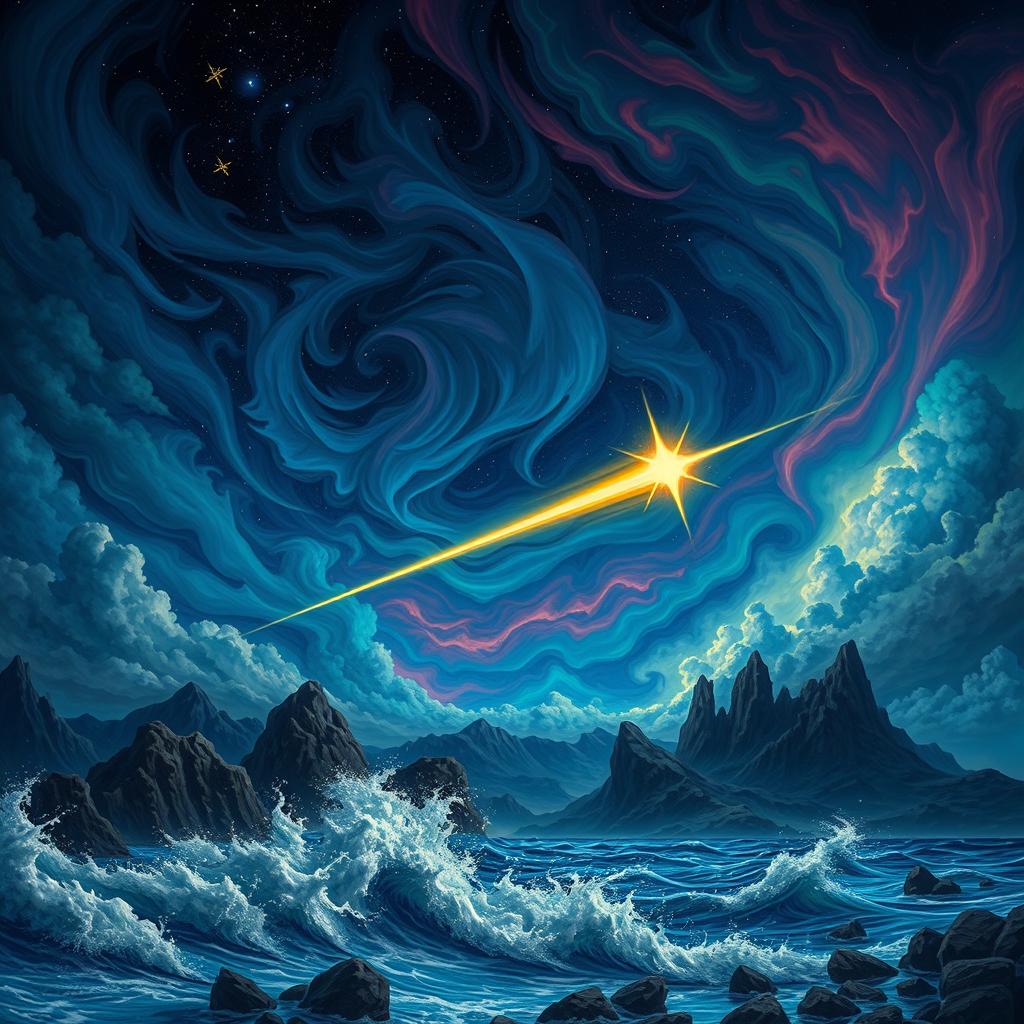 A dramatic night sky filled with swirling clouds and vibrant colors, showcasing a bright shooting star streaking across the scene
