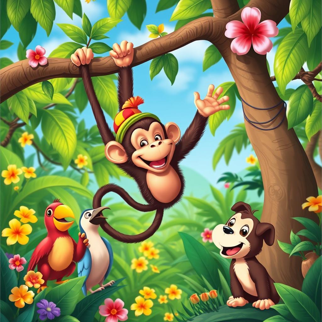 A humorous scene featuring a playful monkey engaging in silly antics, swinging from tree branches, and making funny faces