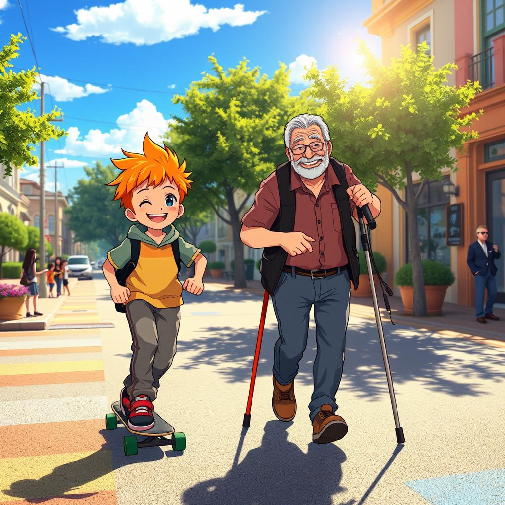 In an anime style scene, a young boy with bright hair and a joyful expression is riding on a skateboard down a vibrant, colorful street