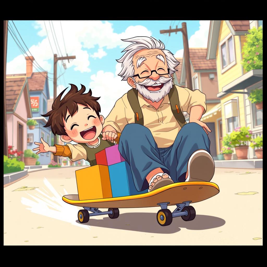 Anime style illustration depicting a young boy and an elderly man joyfully sliding down a street on a skateboard loaded with colorful boxes
