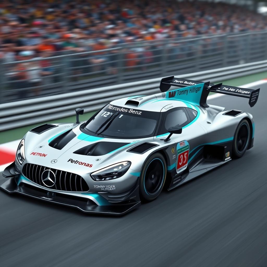 A modern LMDH (Le Mans Daytona hybrid) race car designed with the signature colors and branding of the Mercedes-Benz Formula 1 team