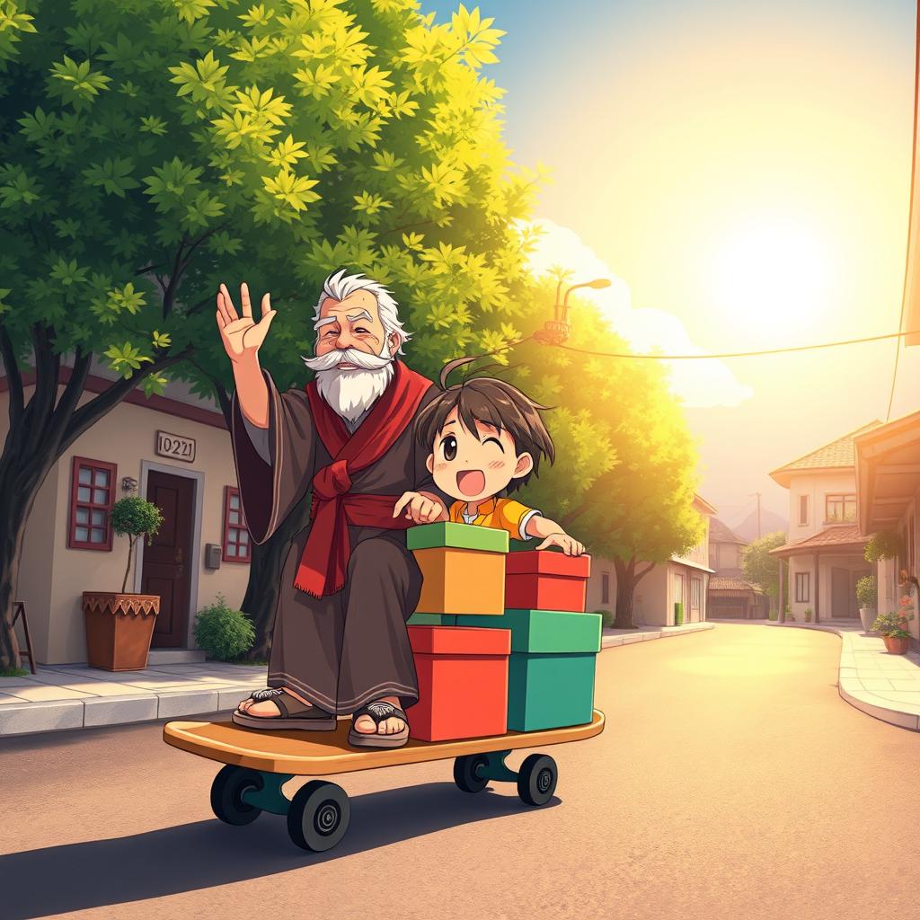In a vibrant anime style, a picturesque scene features two children: one with fair skin and light hair, the other with a darker complexion and hair, happily riding down a charming street on a skateboard loaded with colorful boxes