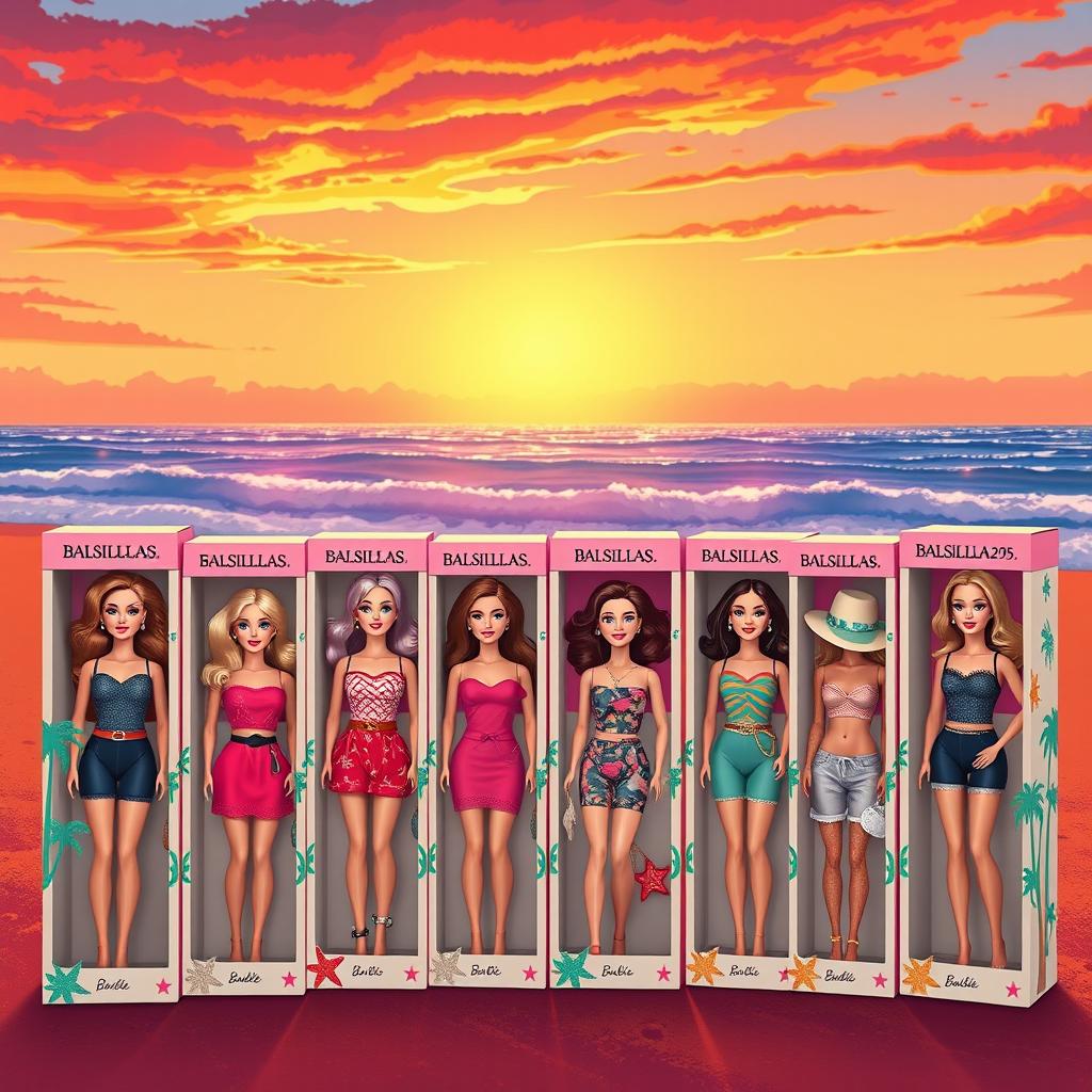 A realistic illustration of six Barbie-style dolls arranged in their personalized boxes under the theme "BALSILLAS 2025"