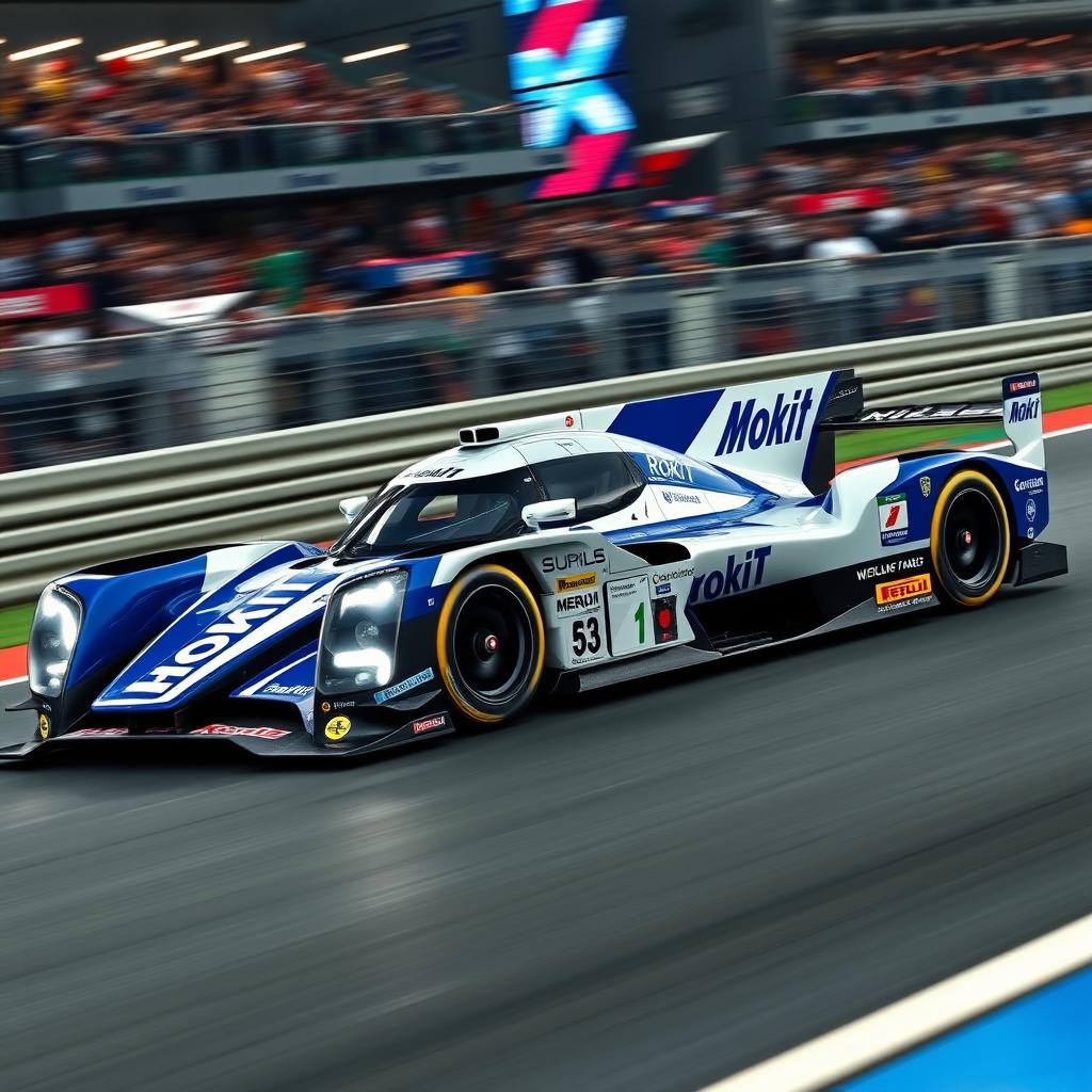 A modern LMDH (Le Mans Daytona Hybrid) race car designed in the colors of the Williams Formula 1 team, featuring the iconic blue and white livery