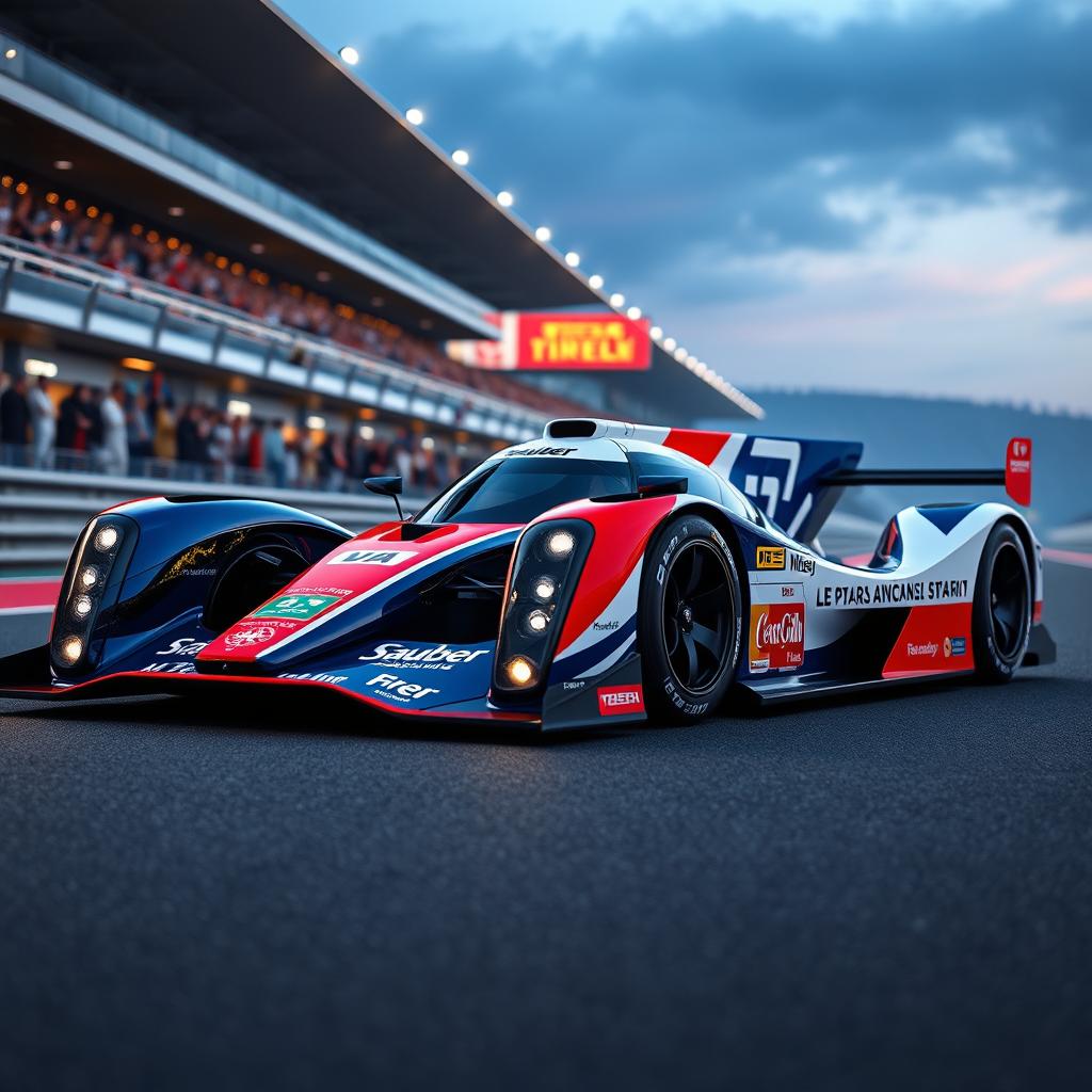 A modern Le Mans Daytona Hybrid (LMDH) race car, designed with sleek aerodynamic lines and a futuristic aesthetic