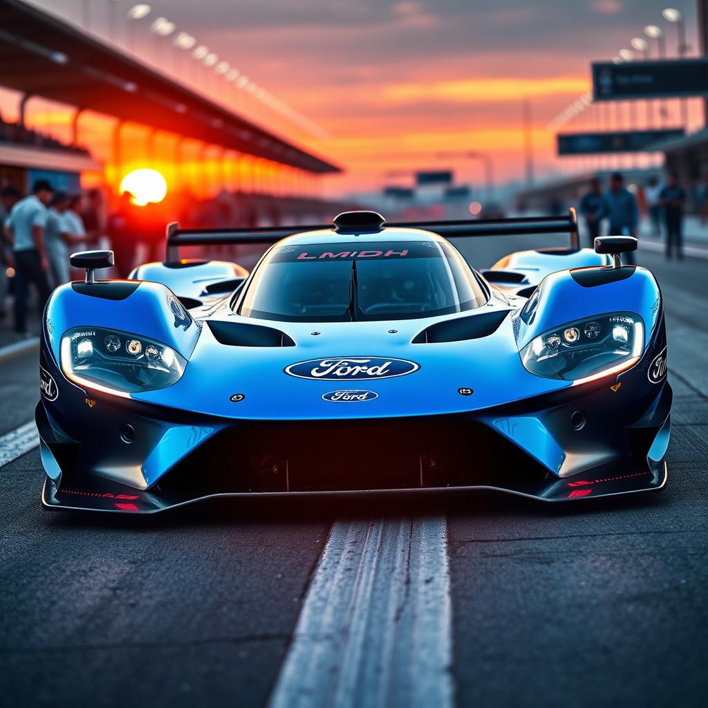 A futuristic Ford LMDh race car, designed with sleek aerodynamic lines and a striking modern aesthetic