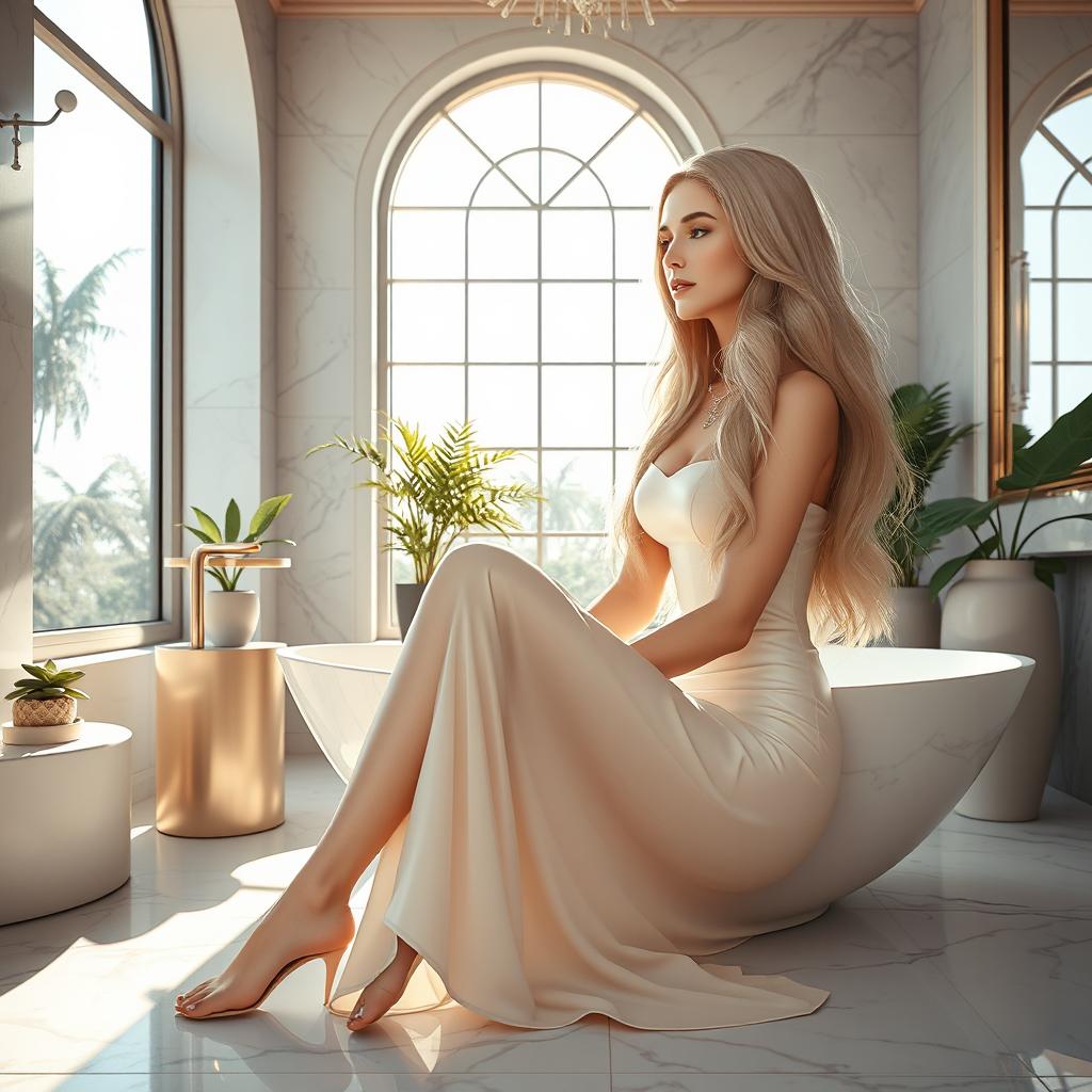 A beautiful girl resembling a pearl, gracefully sitting in a luxurious bathroom