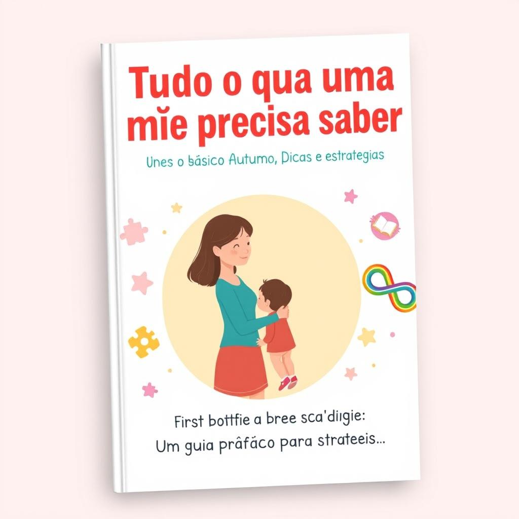 A vibrant eBook cover for "Tudo o que Uma Mãe Precisa Saber: O Básico sobre Autismo, Dicas e Estratégias"