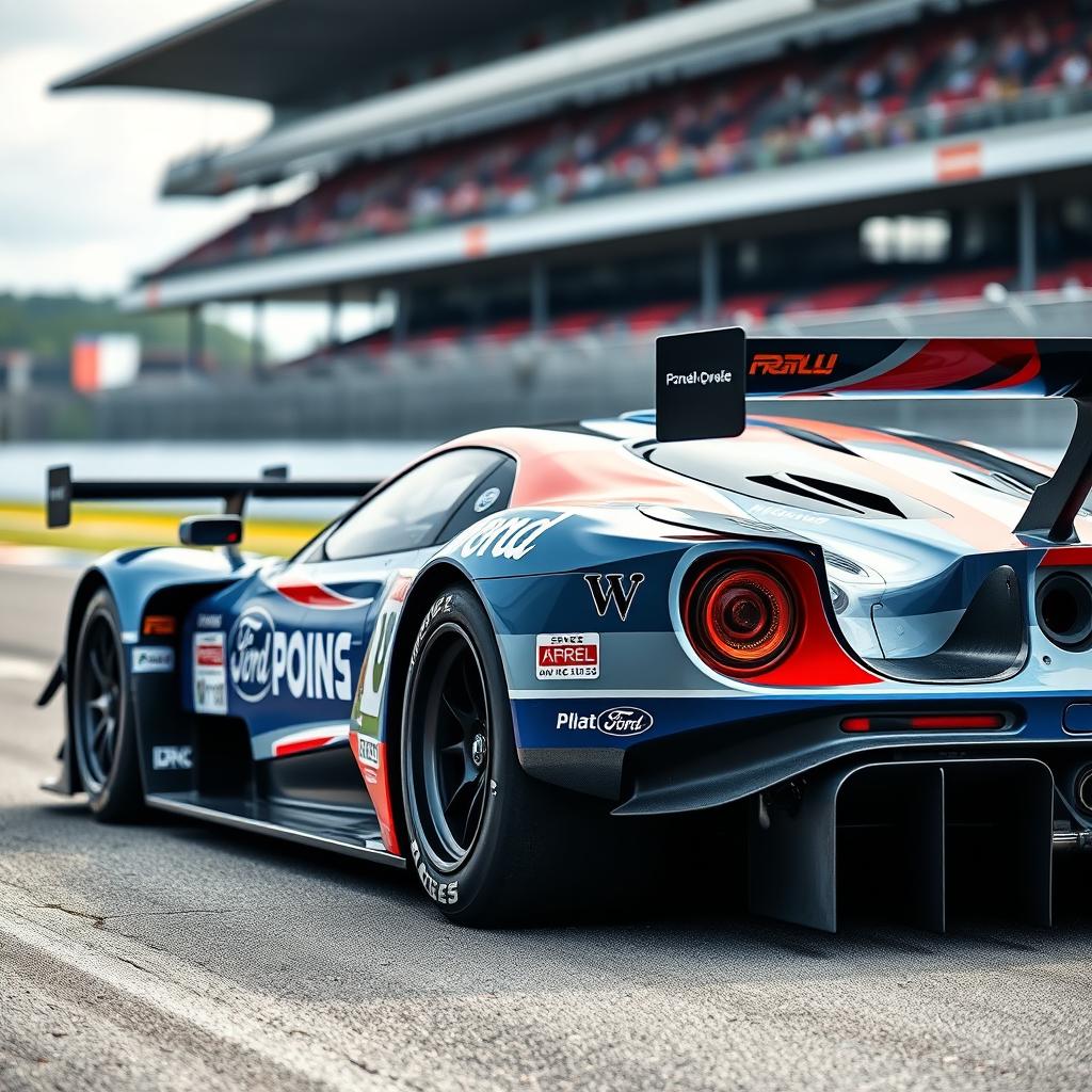 A detailed side view of a modern Ford LMDh racing car showcasing its sleek and aerodynamic design