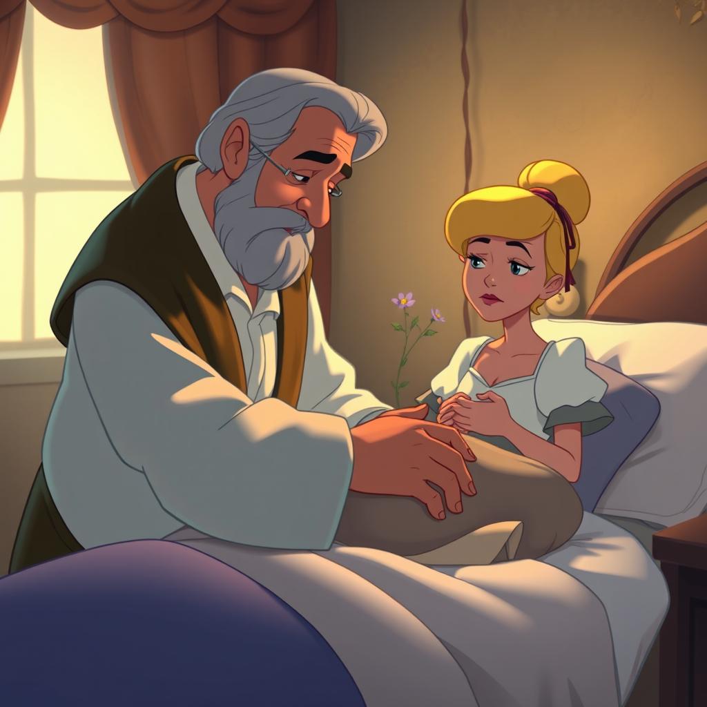 In a touching Disney animation style, a middle-aged wealthy merchant is gently caring for a sickly and frail woman at the bedside, showing his deep concern and sorrow