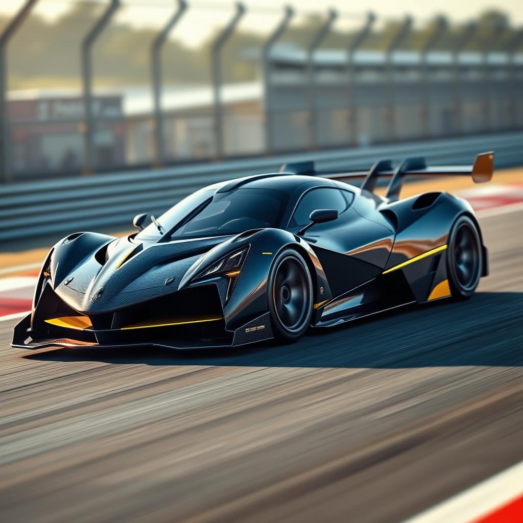 A sleek and futuristic Pagani LMDh race car designed for modern endurance racing, featuring a low profile, striking aerodynamic lines, and an aggressive stance