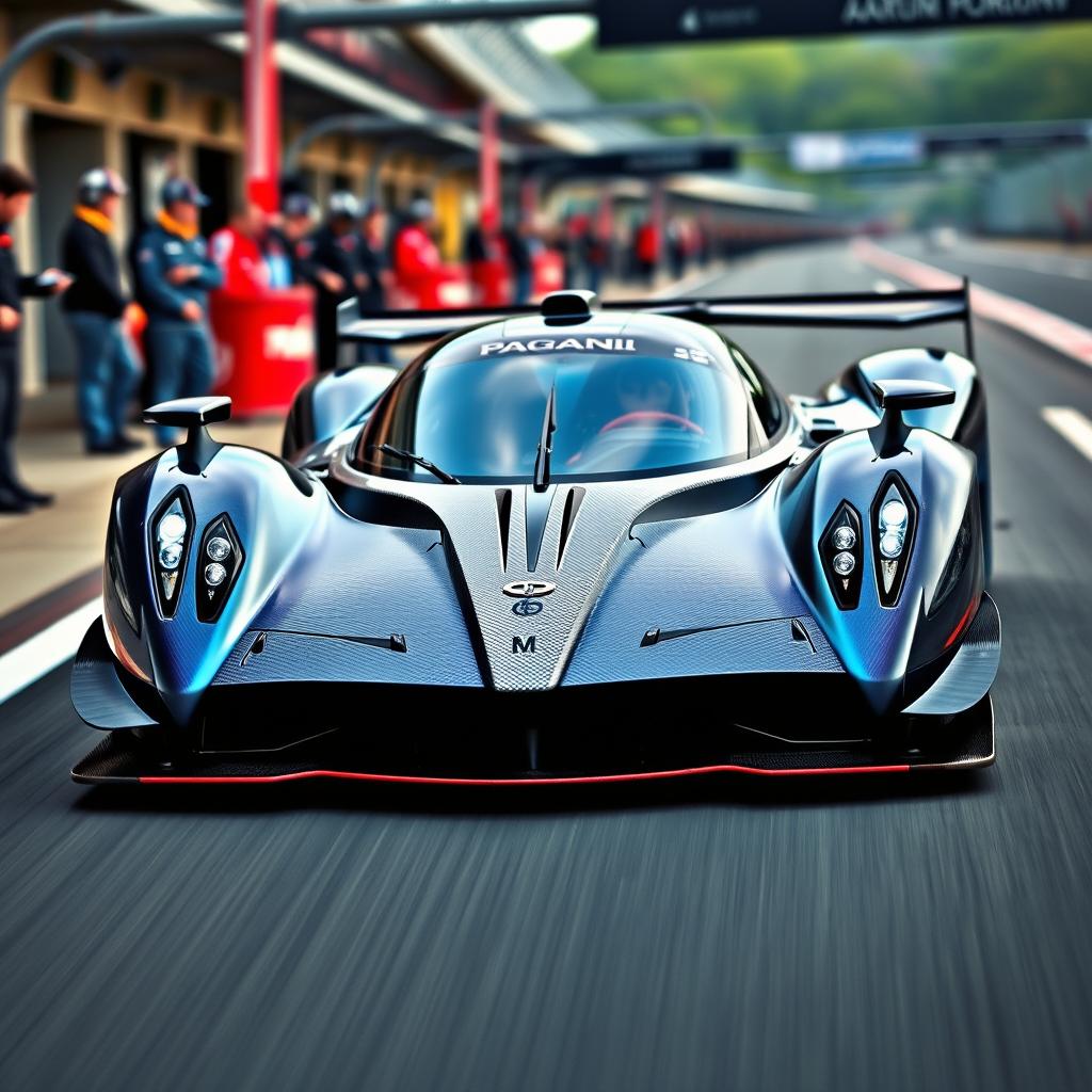 A sleek, modern Pagani LMDh race car design, showcasing its aerodynamic curves and aggressive stance