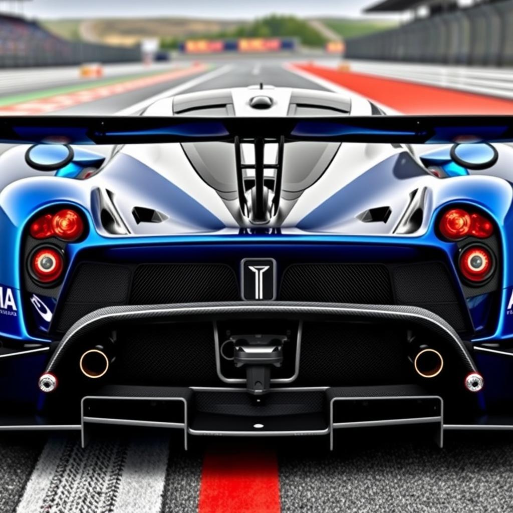 The rear view of a modern Pagani LMDh race car, emphasizing its unique design features
