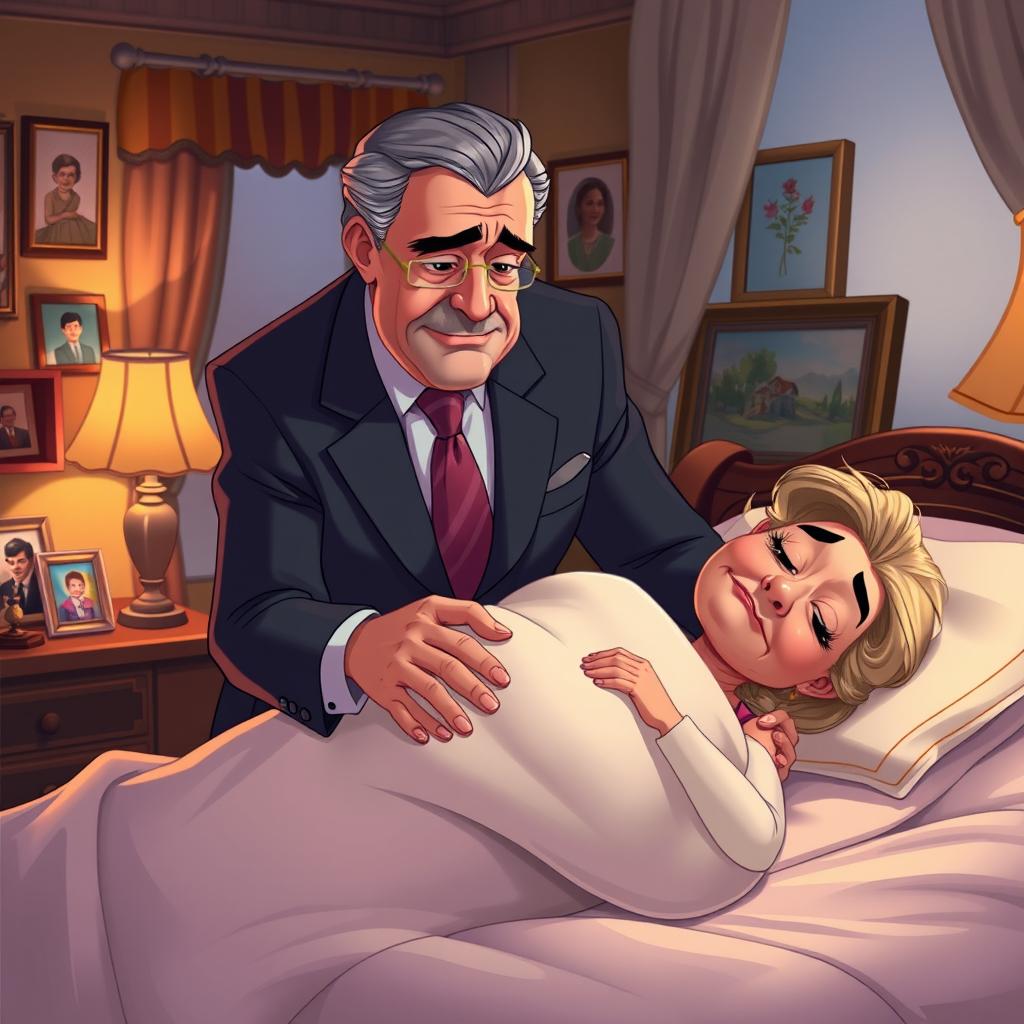 A poignant scene depicting a middle-aged wealthy businessman, with a look of deep sadness on his face, tenderly caring for a frail and sickly woman lying on a bed
