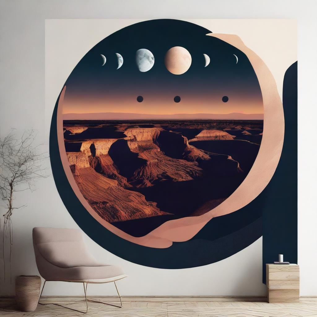 A poster art image displaying phases of the moon over a canyon, created in the style of Adam Szentpétery. The aesthetic nightscape serves as a matchless space art wallpaper trending on Unsplash.