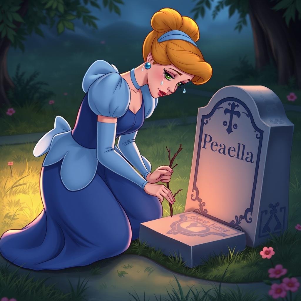 Cinderella, with tears streaming down her face, kneels sorrowfully by a gravestone, gently placing a twig in front of it as a tribute