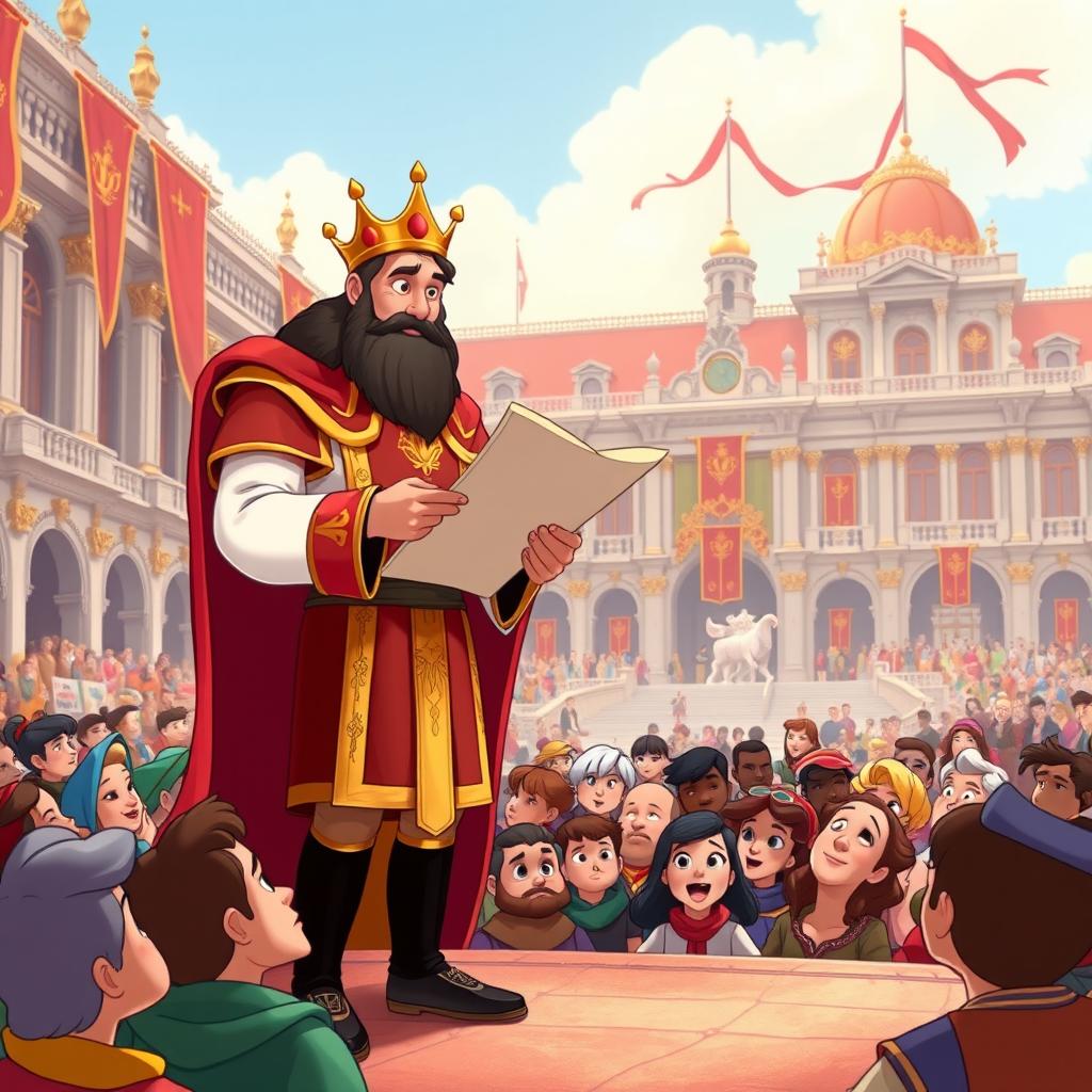 A majestic king stands confidently in a grand palace square, addressing an attentive crowd of citizens below as he reads from an important document