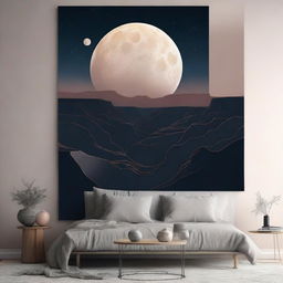 A poster art image displaying phases of the moon over a canyon, created in the style of Adam Szentpétery. The aesthetic nightscape serves as a matchless space art wallpaper trending on Unsplash.