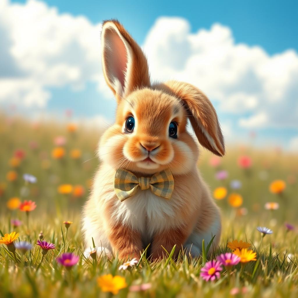 A fluffy bunny named Johnny, characterized by his big, expressive eyes, sitting adorably while wearing a perfectly fitted tiny bow tie