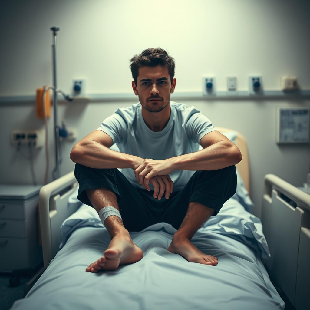 A dramatic and thought-provoking image of a person sitting on the edge of a hospital bed, one leg visibly amputated, showcasing a mixture of resilience and vulnerability