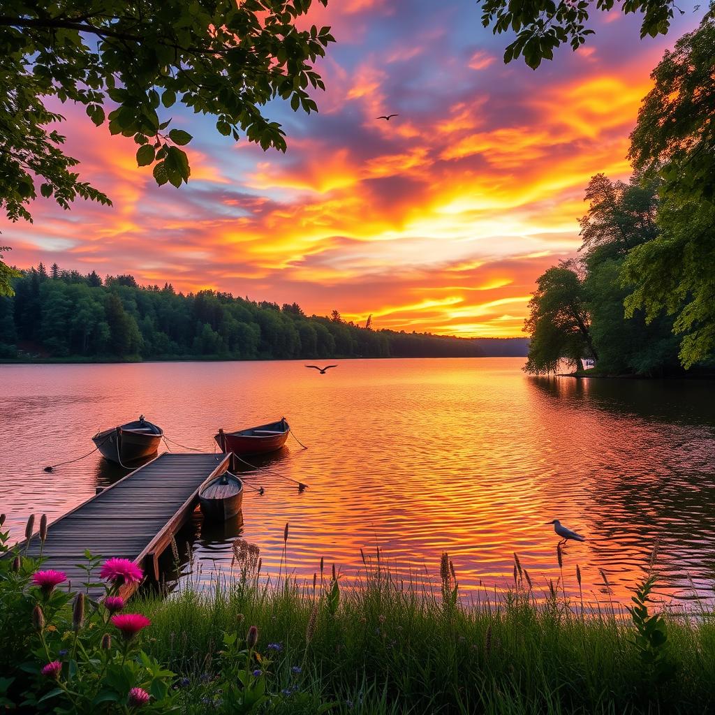 A picturesque landscape showcasing a vibrant sunset over a serene lake, with lush green trees framing the scene