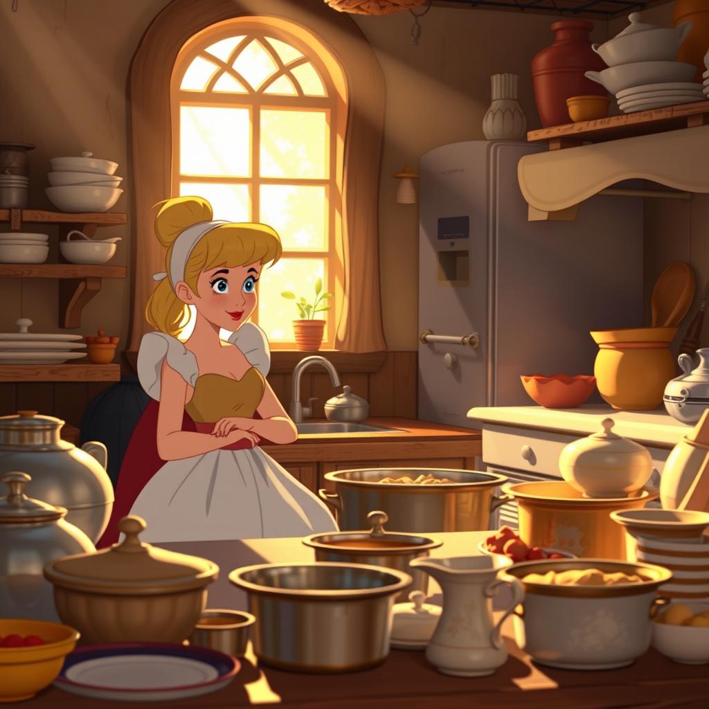 In a Disney animated style, a stepmother watches Cinderella as she works in the kitchen, wearing ragged clothes