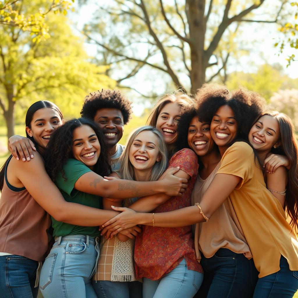 A group of diverse friends joyfully hugging each other in a sunny park, with warm sunlight filtering through the trees