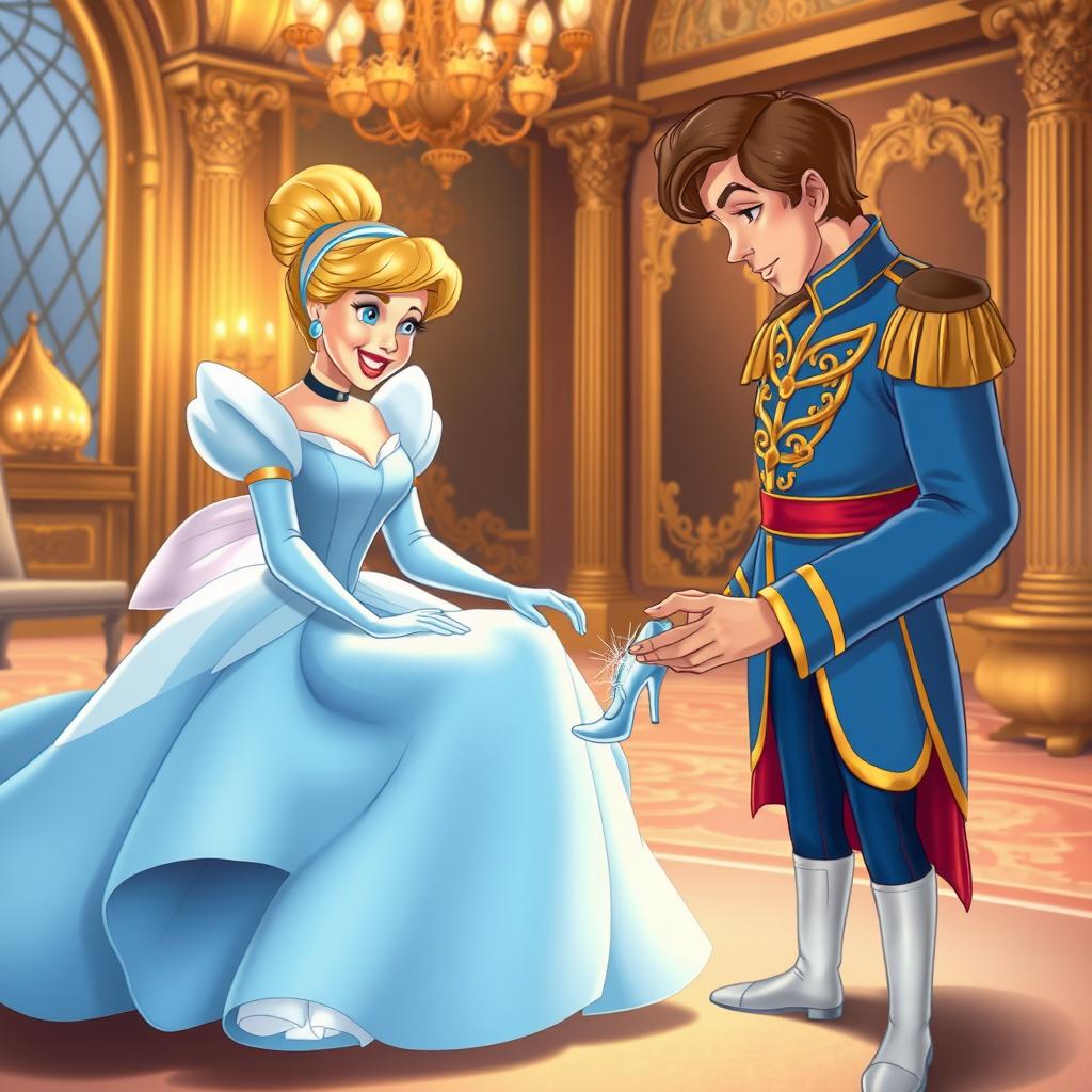 A charming scene where the prince gazes intently at Cinderella as she tries on the delicate glass slipper