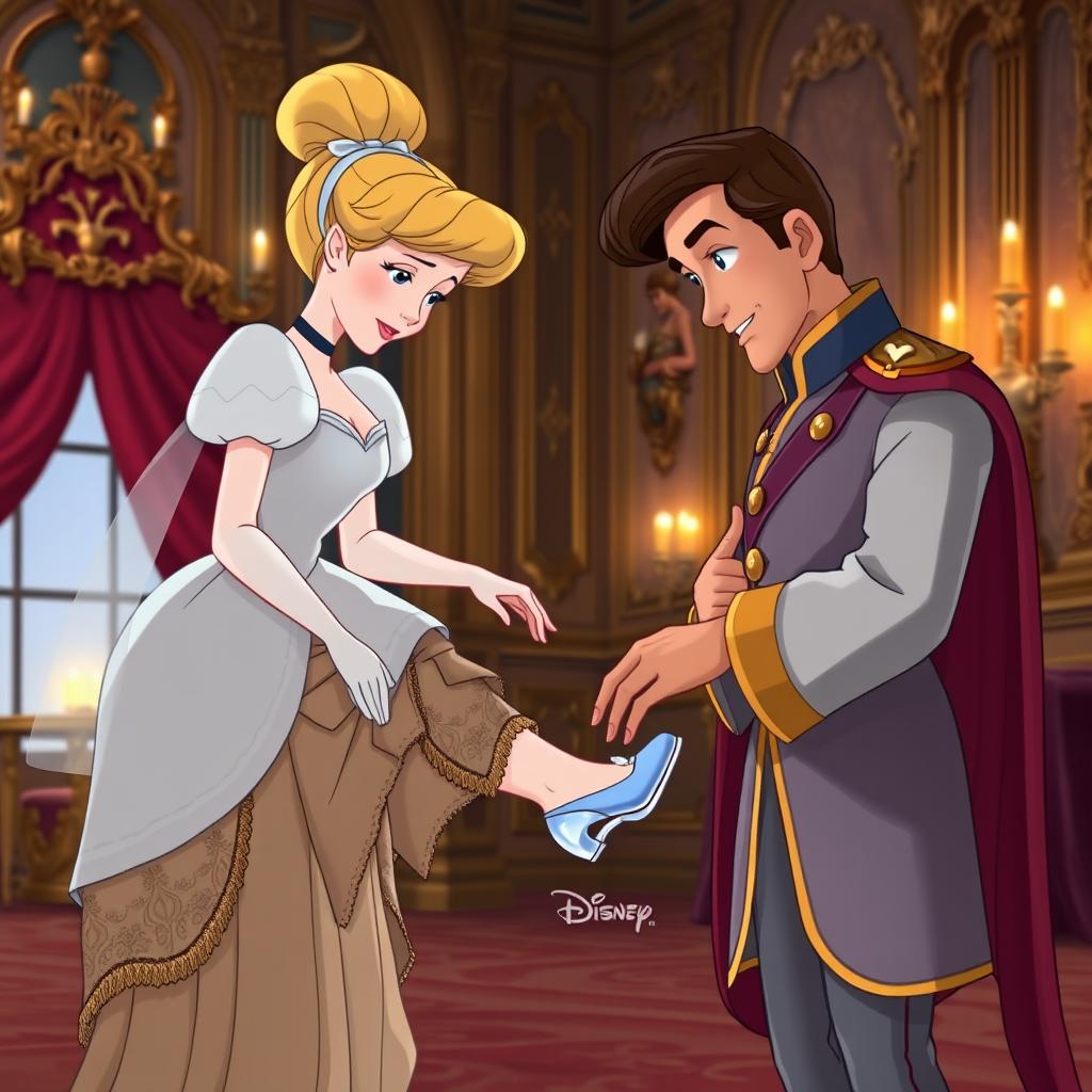 The prince watches intently as Cinderella, dressed in her tattered clothing, tries on the delicate glass slipper