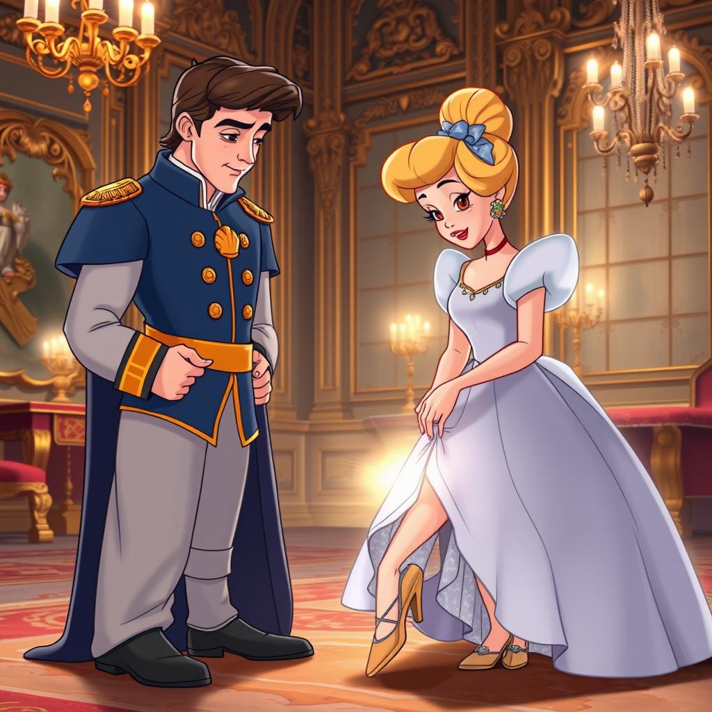 The prince observes with fascination as Cinderella, dressed in her tattered clothing, tries on the shimmering glass slipper