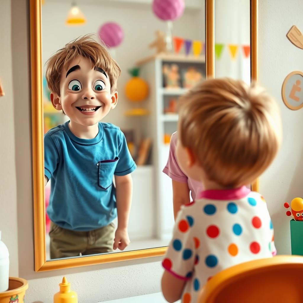 A playful scene depicting a boy named Johnny making silly faces in front of a mirror, showcasing his goofy expressions