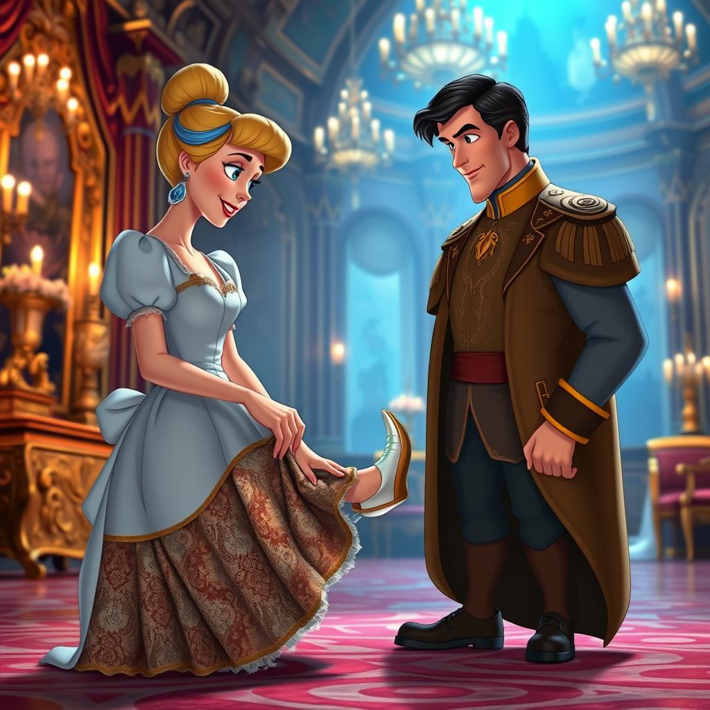 In a magical Disney animation style, the prince watches in awe as Cinderella, dressed in her worn and tattered clothing, tries on the exquisite glass slipper