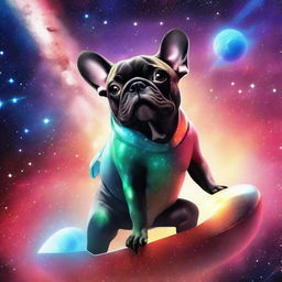 A galaxy teeming with colorful stars, where a French bulldog is riding Elon Musk, who resembles a SpaceX ship, towards Mars.