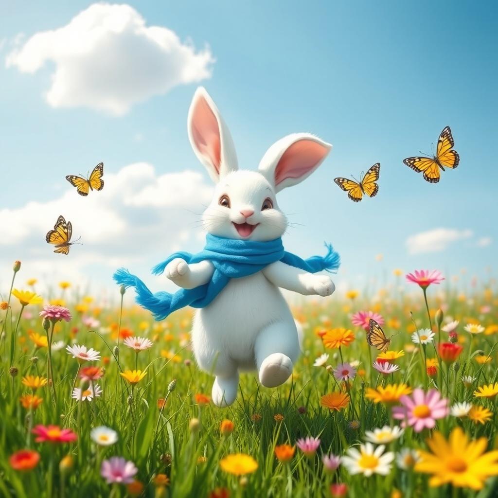 A joyful white bunny with large floppy ears, wearing a bright blue scarf, happily hopping in a sunny meadow