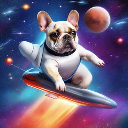 A galaxy teeming with colorful stars, where a French bulldog is riding Elon Musk, who resembles a SpaceX ship, towards Mars.