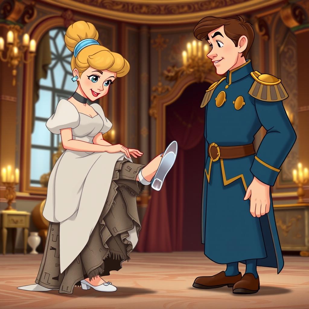 In a charming Disney animation style, the prince stands beside Cinderella as she tries on a transparent glass slipper