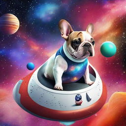 A galaxy teeming with colorful stars, where a French bulldog is riding Elon Musk, who resembles a SpaceX ship, towards Mars.