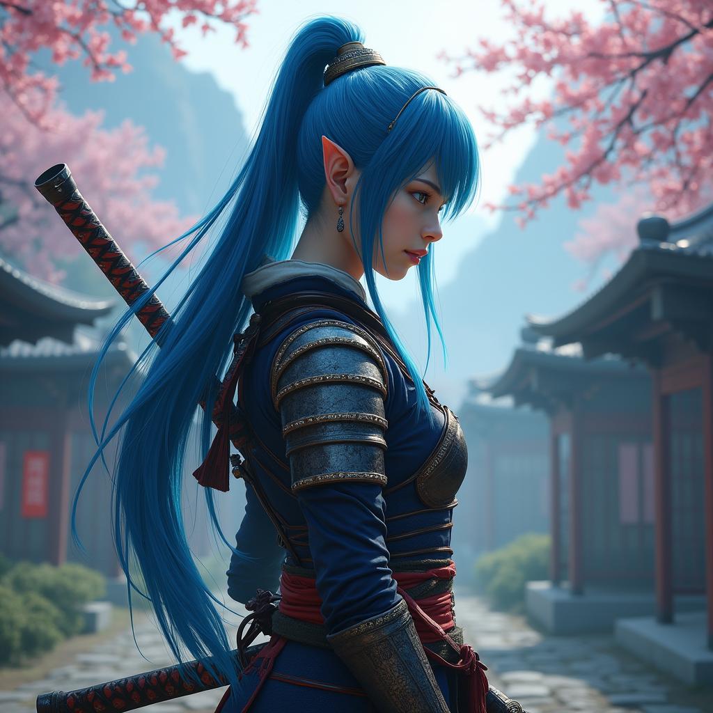 An eighteen-year-old female half-elf samurai with striking blue hair, wielding an odachi inspired by the Nioh video game