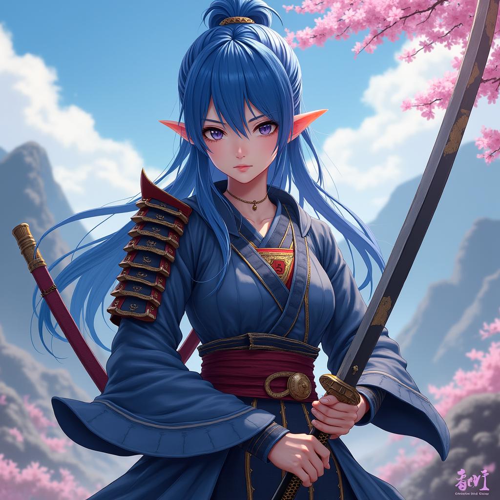An eighteen-year-old female half-elf samurai with striking blue hair, poised elegantly with a large odachi inspired by the Nioh game
