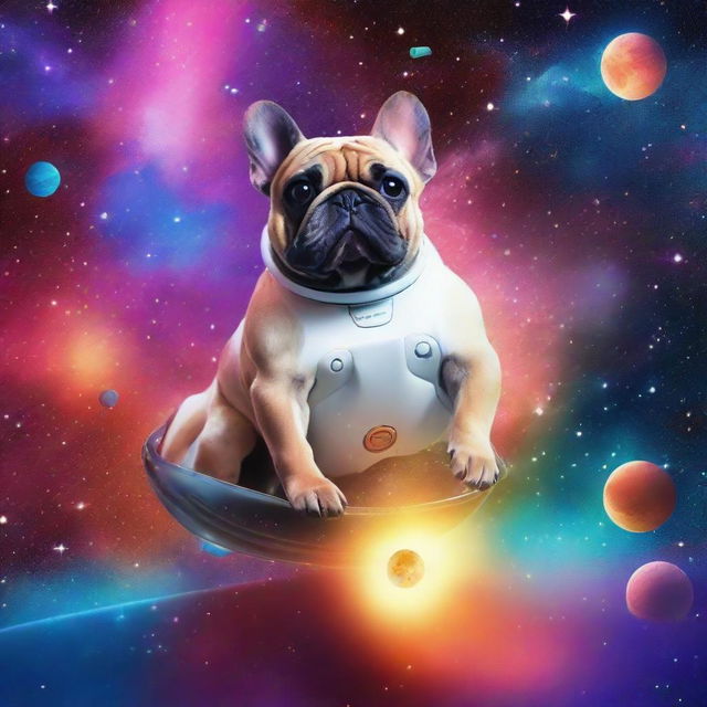 A galaxy teeming with colorful stars, where a French bulldog is riding Elon Musk, who resembles a SpaceX ship, towards Mars.