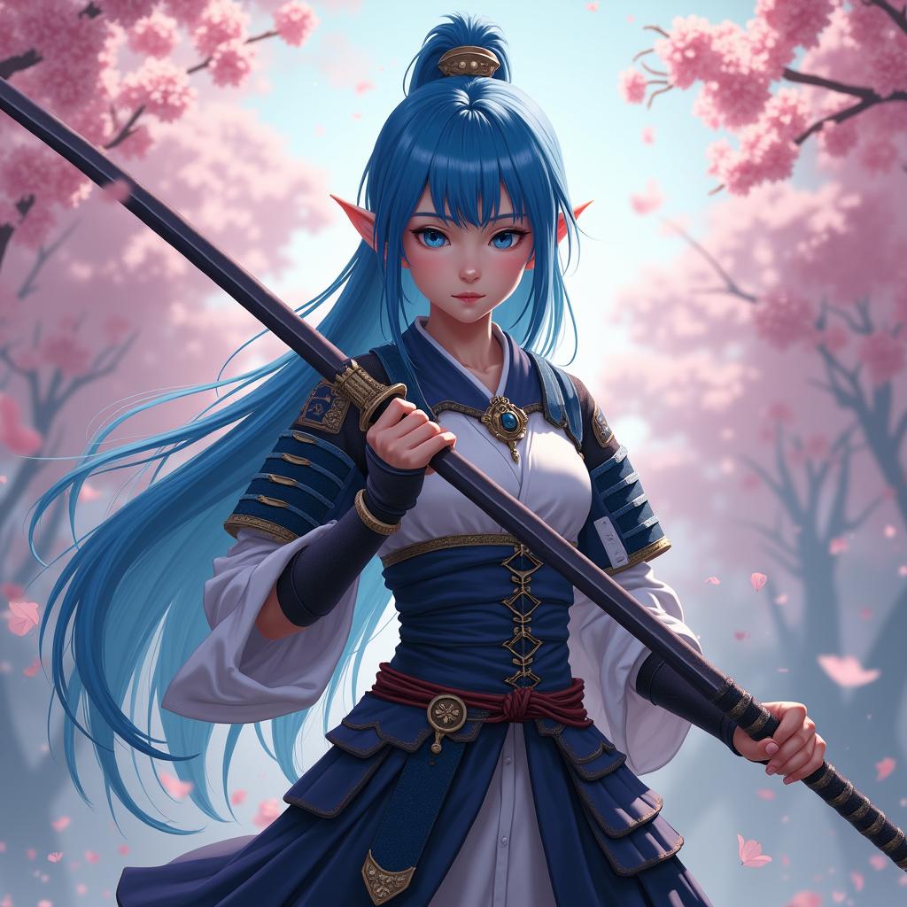 An eighteen-year-old female half-elf samurai with striking blue hair, skillfully wielding an odachi inspired by the Nioh video game