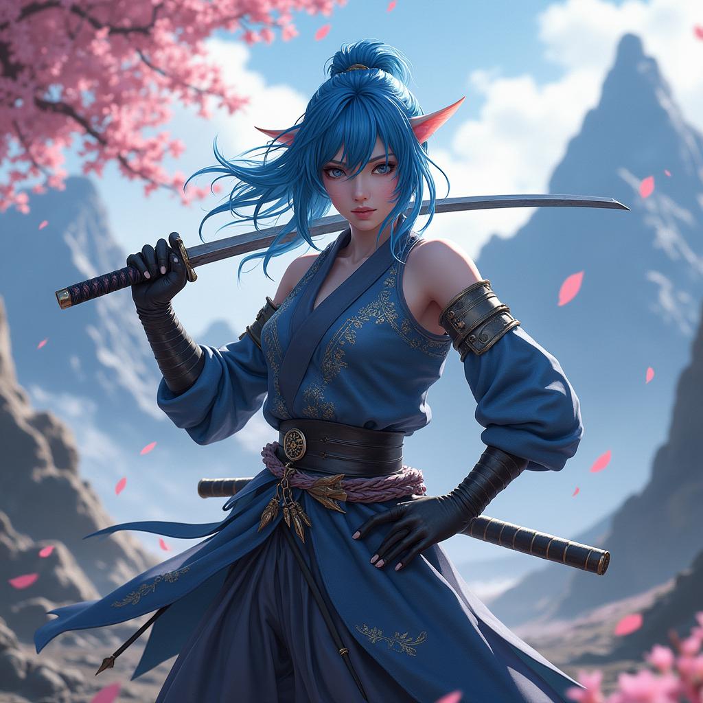 An 18-year-old female half-elf samurai with striking blue hair, depicted in an epic pose as she wields an odachi, inspired by the Nioh video game