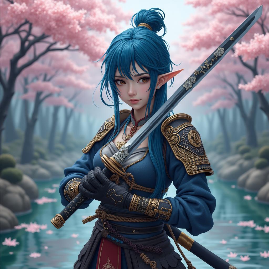 An eighteen-year-old female half-elf samurai, with striking blue hair styled elegantly, embodying strength and grace