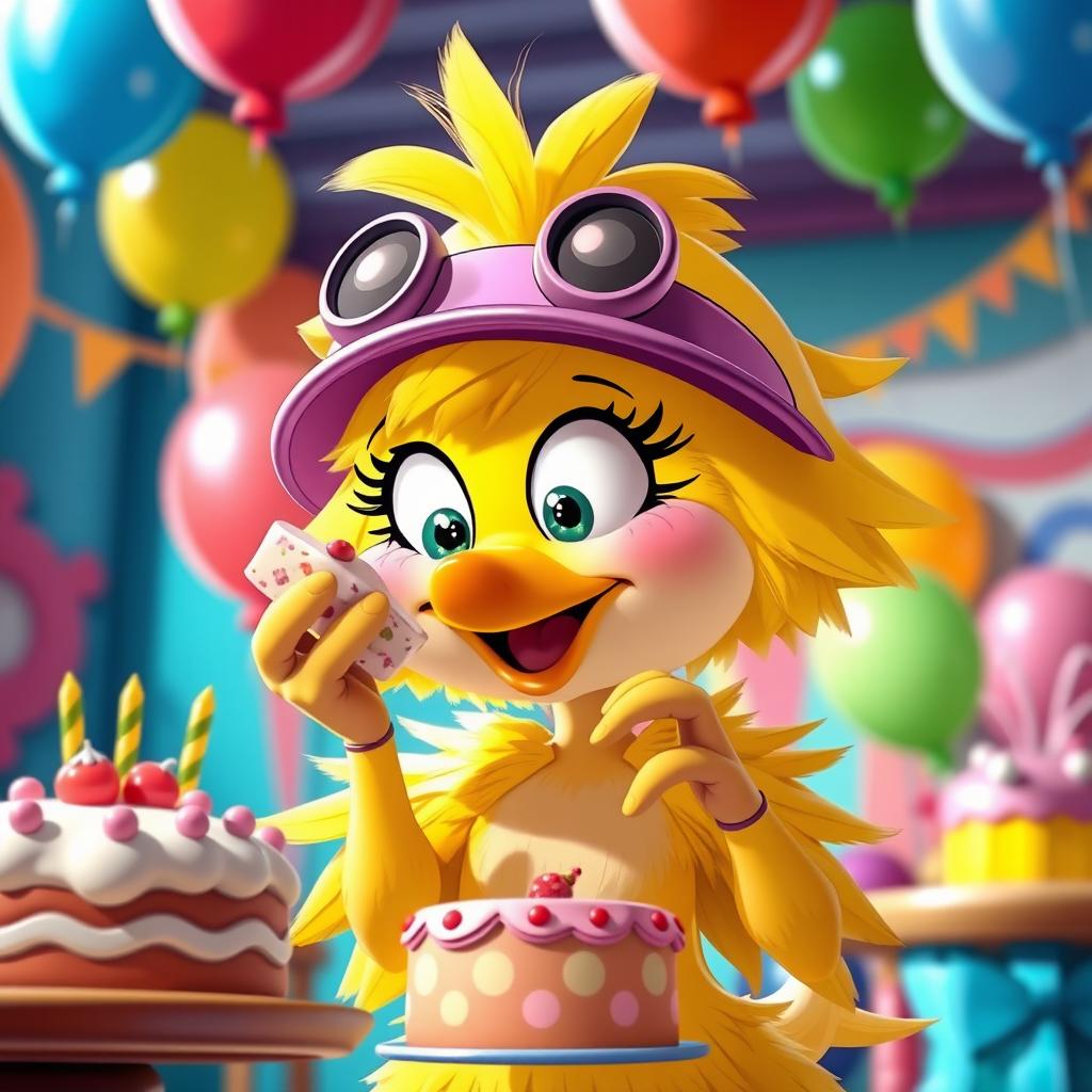 A character inspired by Chica, the playful and vibrant animatronic with bright yellow feathers