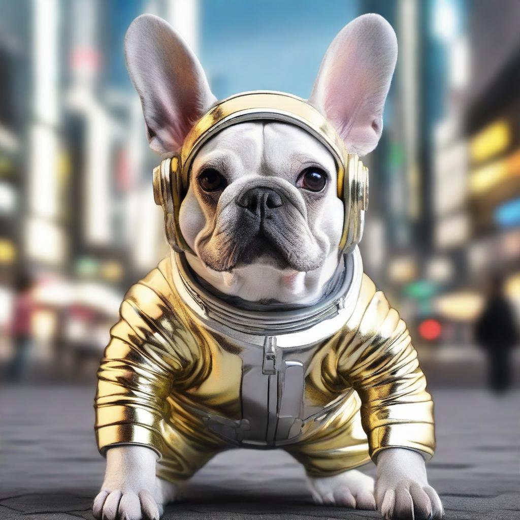 A 3D image of a cheerful French Bulldog, decked out in a silver and gold astronaut suit, standing at the heart of a bustling Tokyo cityscape.