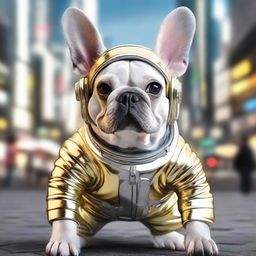 A 3D image of a cheerful French Bulldog, decked out in a silver and gold astronaut suit, standing at the heart of a bustling Tokyo cityscape.