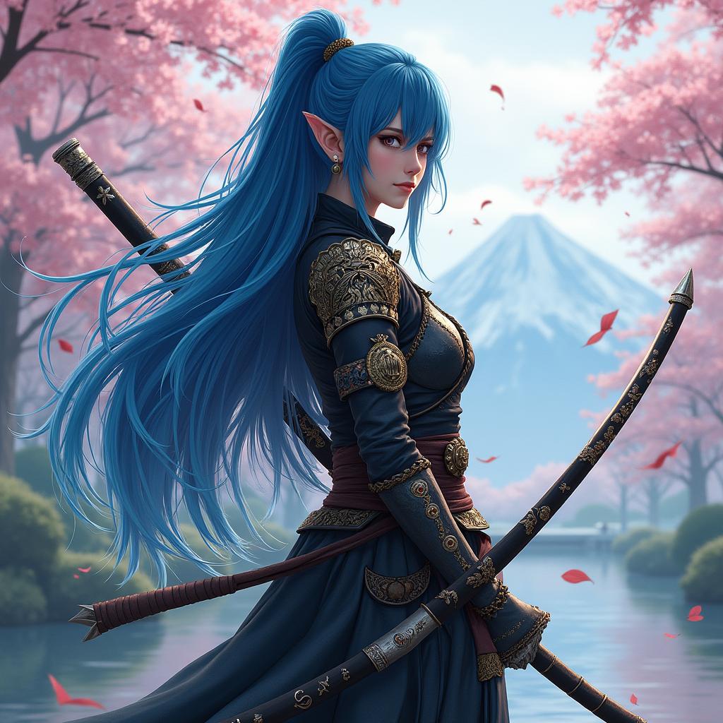 An eighteen-year-old female half-elf samurai with striking blue hair, styled in an elegant manner that flows gracefully behind her