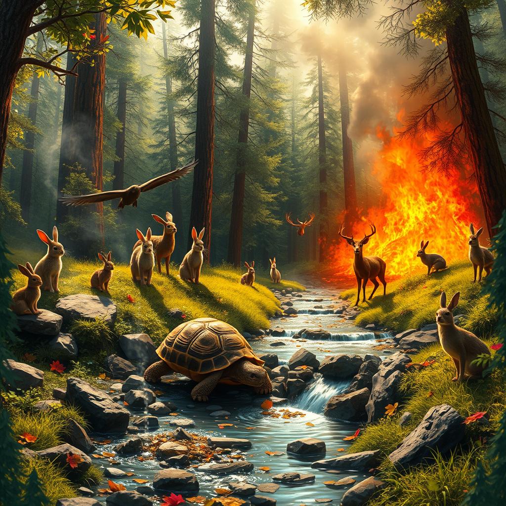 A magical flashback scene in a vibrant forest during a wildfire